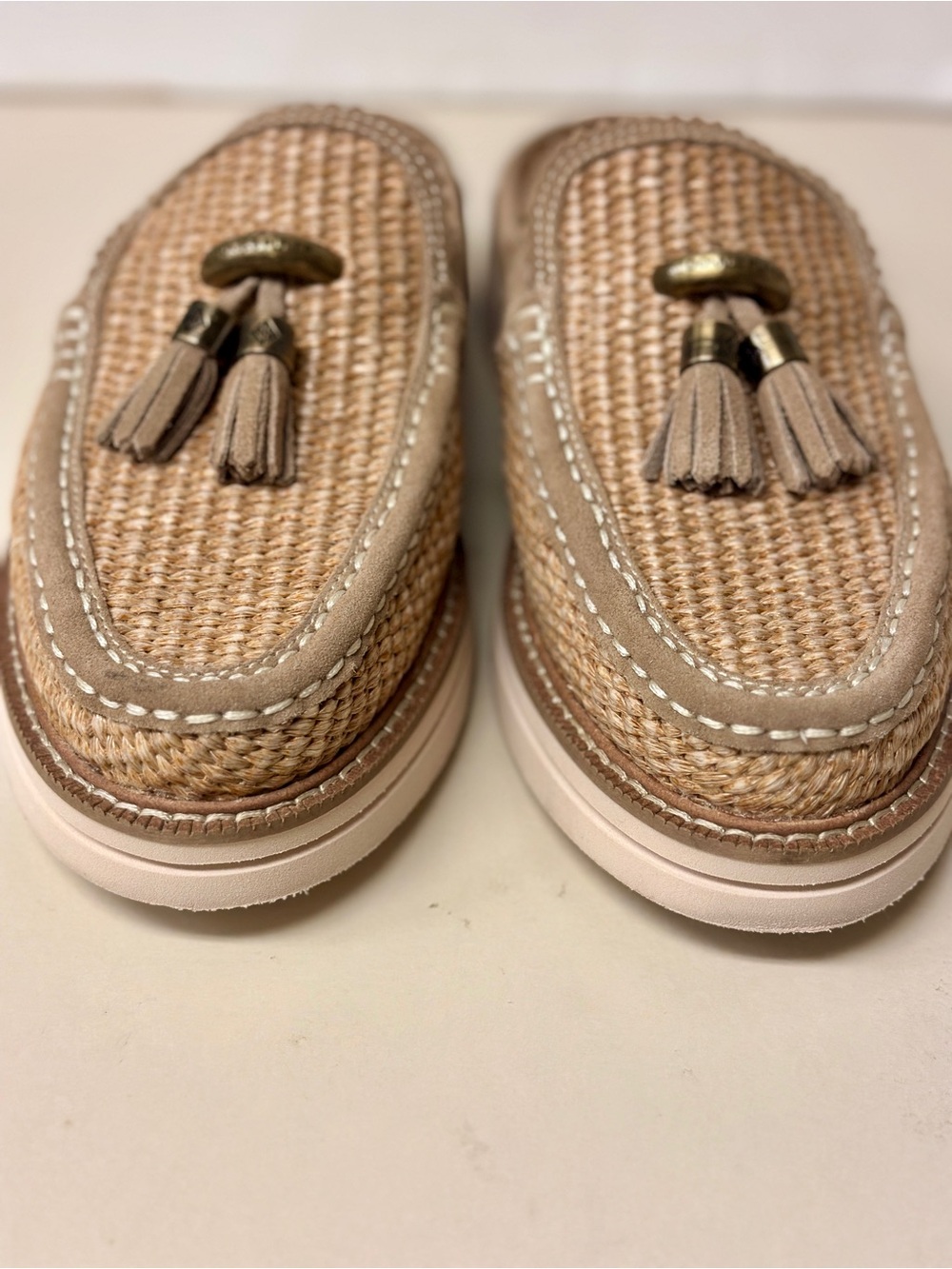 Donald J. Pliner Woven Tassel Mules in Beige and Taupe